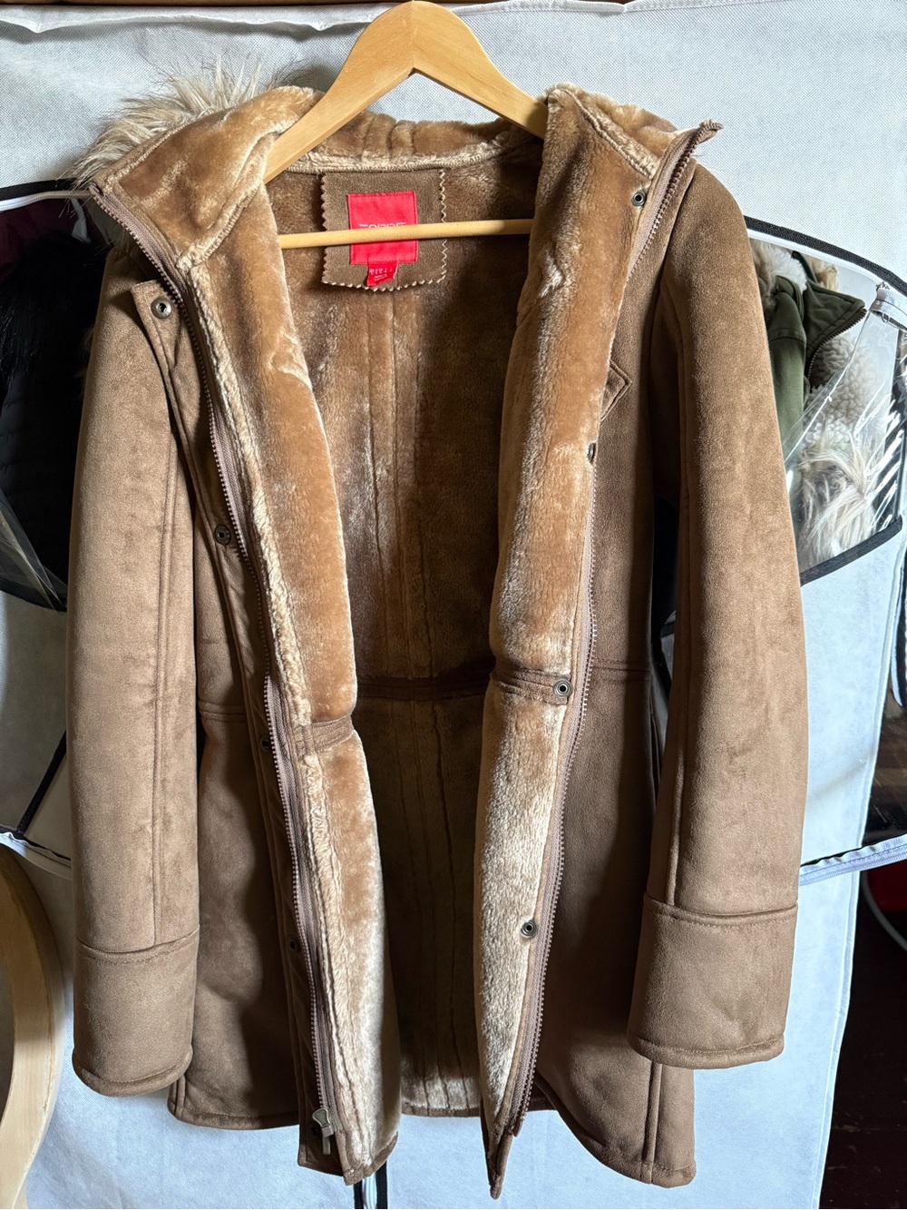 Esprit Plush Faux-Shearling Jacket in Light Brown with Red Label